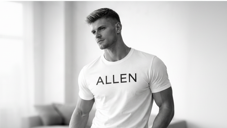 Man wearing a white t-shirt with 'ALLEN' printed on it in a minimalistic room.
